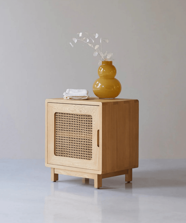 Sake Nightstand | Natural Hazeran Detailed Solid Wood Bedside Table - Linerora