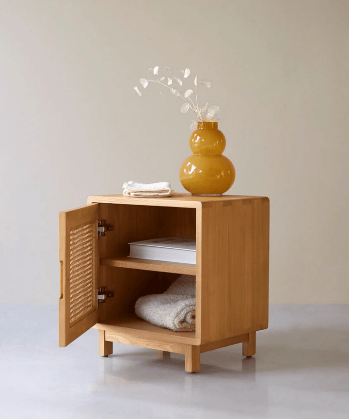 Sake Nightstand | Natural Hazeran Detailed Solid Wood Bedside Table - Linerora